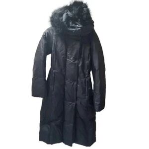 Long Black Puffer Coat Faux Fur Trim Hood XS